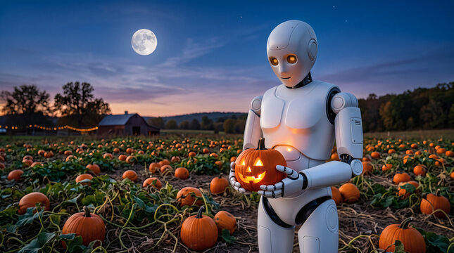 Humanoid robot holding glowing jack-o'-lantern in pumpkin patch under full moon at dusk, Halloween AI concept