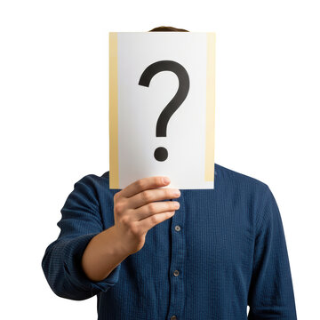 Question mark sign held by anonymous man, person in blue shirt hiding face with paper, conceptual portrait of uncertainty and identity