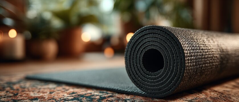 A rolled black yoga mat rests on a patterned rug with a blurred background featuring warm lighting and plants.