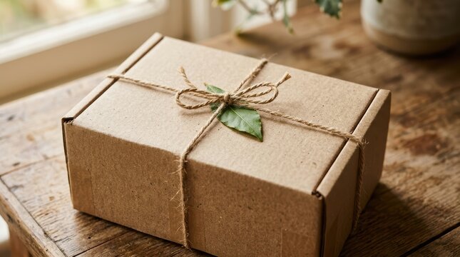 Eco friendly craft cardboard gift box tied with natural jute twine and decorated with green leaf