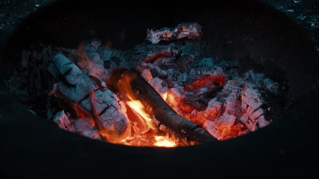 Close-up of glowing embers and burning firewood inside an outdoor fire pit at night.