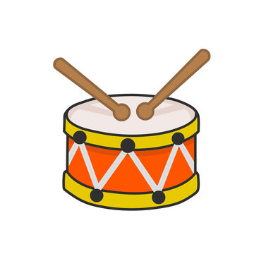 Colorful toy drum with wooden drumsticks vector illustration isolated on white background.