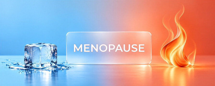 Menopause hot flashes and temperature swings concept with melting ice cube and flame, hormonal changes, women&rsquo;s health, perimenopause, midlife wellness and thermal contrast banner