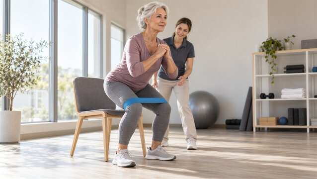 Sarcopenia prevention with senior woman doing strength exercise under physiotherapist supervision, healthy aging, muscle loss rehabilitation, mobility, balance and active longevity concept