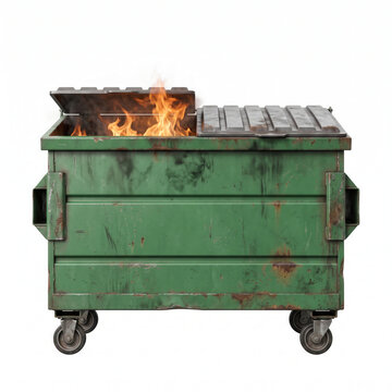 Dumpster fire in a green dumpster with flames isolated on white background  