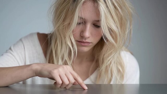 Young woman Tracing meaningless, repetitive patterns on a surface with one finger.
