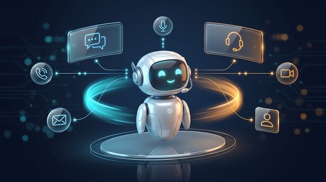 Small friendly robot assistant with headset surrounded by glowing holographic communication icons representing customer service support and digital interaction technology in modern business