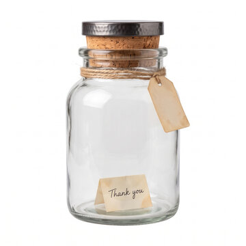 Empty gratitude jar with cork lid and thank you note on white background  