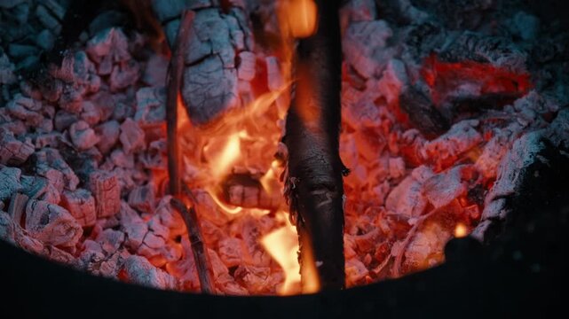 Close-up of glowing embers and burning firewood inside an outdoor fire pit at night.