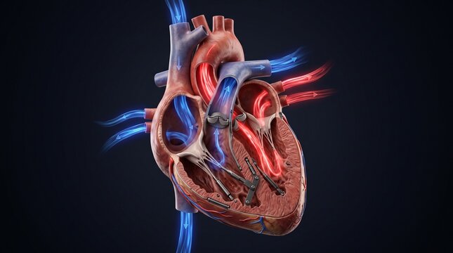 Detailed 3D Anatomical Illustration of a Human Heart with Mechanical Valve Implants and Blood Flow Visualization