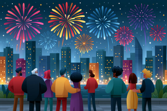 Modern layout of group of friends taking in panoramic city views while vibrant fireworks fill the night sky above the skyline, contemporary lifestyle scene