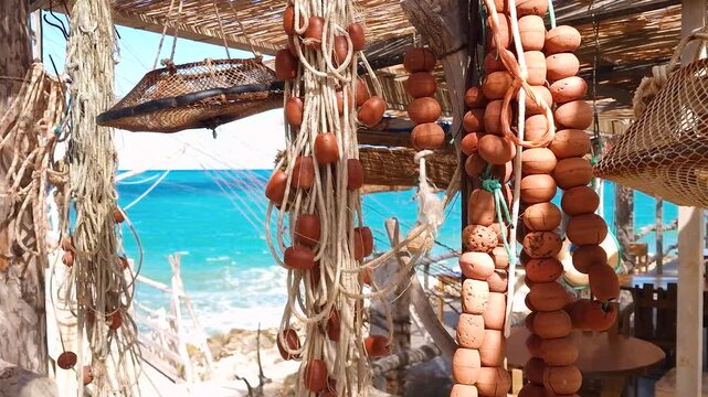 Trabucco da Mimi Gargano Puglia Italy Fishing Nets Dried Fish Head Rustic Decor Authentic Italian Seafood Restaurant. Nautical traditional Details with Natural Audio 4K Video