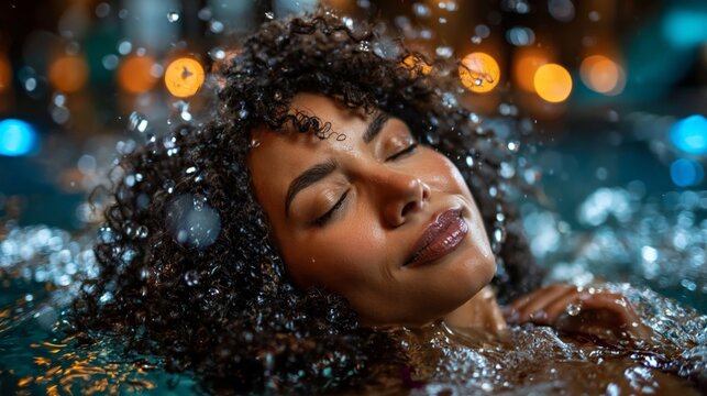 A woman with curly hair relaxes in water with her eyes closed against a background of blurred lights.