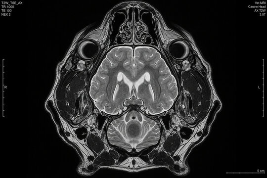 Axial T2-weighted MRI of canine head showing brain and orbital anatomy. Veterinary diagnostic imaging. Animal neurology and clinical radiology. Magnetic resonance scan for veterinary