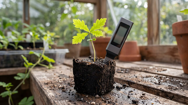 Small oak tree sapling sprouting from organic root plug with modern digital soil moisture tester probe inserted on sunlit wooden potting bench inside rustic greenhouse for nursery monitoring