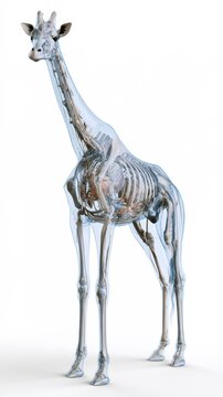 Anatomical 3D model of a giraffe showing internal skeletal structure and organs on white background