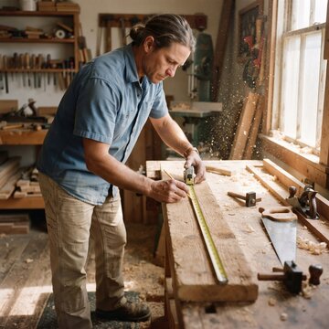 A senior carpenter wearing measures a wooden plank with a tape measure and pencil at a cluttered workbench in a rustic workshop.