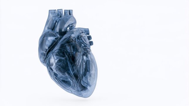Anatomical model of a human heart rendered in translucent blue glass against a white background