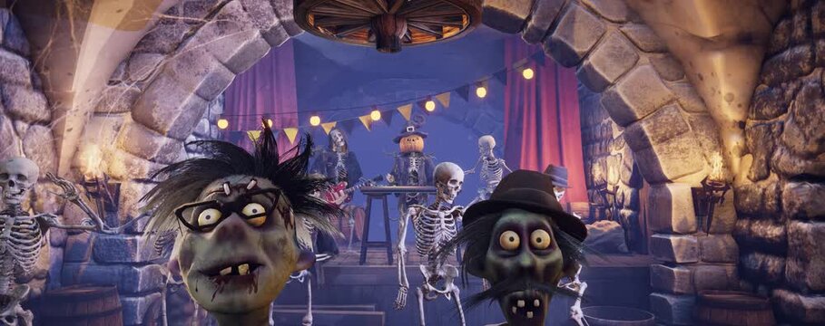 Funny scarecrow DJ with pumpkin head, zombie and spooky skeletons dancing at Halloween party, 3D animation