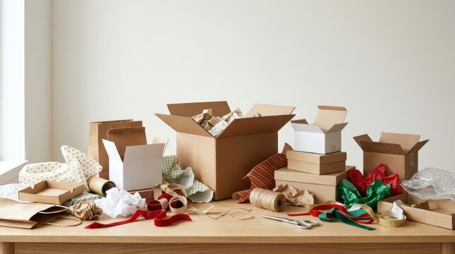 Gift wrapping supplies and boxes scattered on wooden table