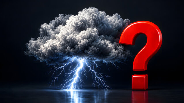 Big red question mark standing next to dark storm cloud with lightning strike