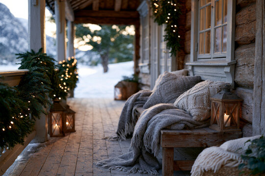 Close-up of classic wooden cabin porch decorated with evergreen garlands, lanterns and cozy blankets overlooking a pristine snowy landscape, soft afternoon light