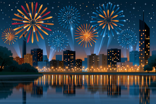 Panoramic urban skyline featuring spectacular fireworks reflected across a calm river, clean contemporary composition