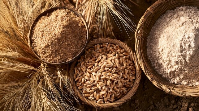 Bowls of wheat grains, bran, and flour arranged with golden stalks on a rustic dark background