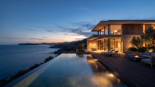 Modern coastal villa with infinity pool at sunset overlooking ocean and hills