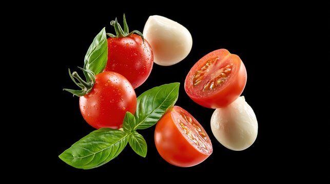 Fresh tomatoes and mozzarella balls with basil leaves are artistically arranged against a dark background.
