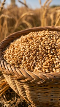 Wicker basket filled with golden wheat grains harvested from a sunny field in late summer season