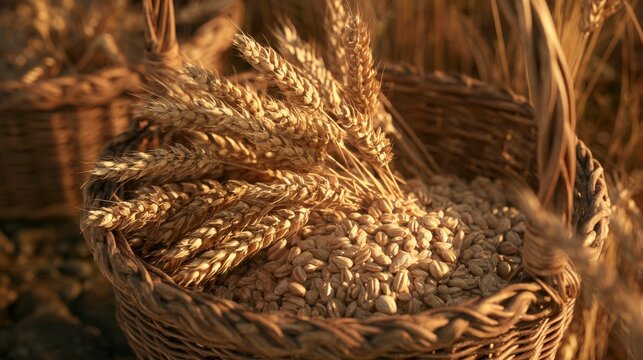 Golden wheat ears and harvested grains inside a rustic woven basket at sunset in the field