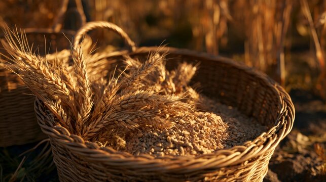 Golden wheat stalks and harvested grain kernels inside a rustic woven basket at sunset time