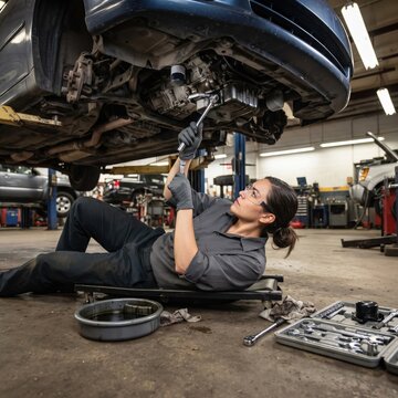 A female mechanic lies on a creeper under a lifted car, using a wrench on the undercarriage in a professional auto repair shop.