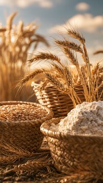 Golden wheat ears and flour in rustic woven baskets on a sunny farm field at harvest time