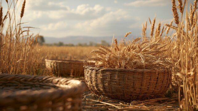 Woven baskets filled with harvested golden wheat stalks in a vast rural agricultural field