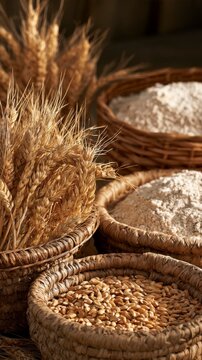 Rustic wicker baskets filled with golden wheat stalks and freshly milled organic flour grains