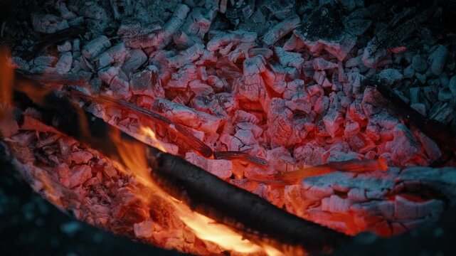Close-up of glowing embers and burning firewood inside an outdoor fire pit at night.