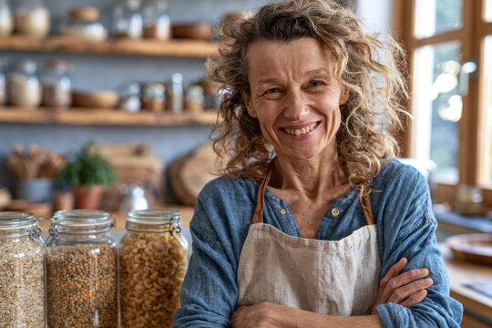 Visual concept of smiling homeowner organizing reusable glass pantry containers filled with grains, legumes and pasta in a bright contemporary kitchen, warm window light