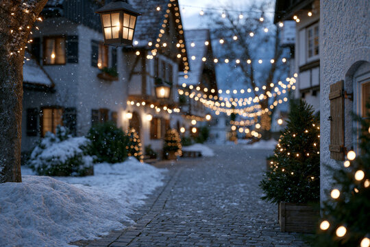 Charming holiday village street lined with snow-covered cottages, glowing lanterns and festive string lights, gentle snowfall, blue hour