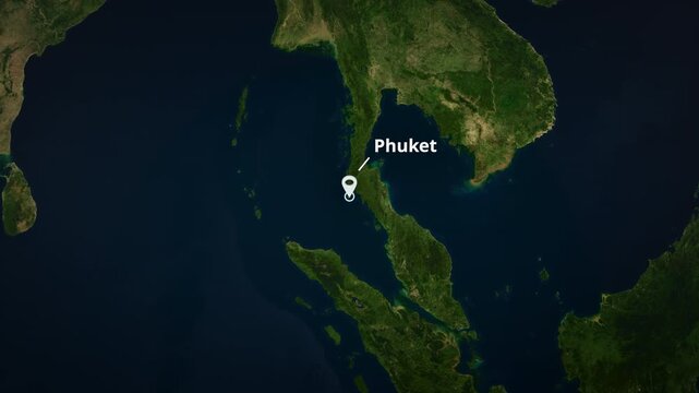 Satellite map zoom to Phuket, Thailand with a white location pin marker, concentric circle highlight, and typography. Ideal for travel documentaries, broadcast graphics, or geographical presentations.