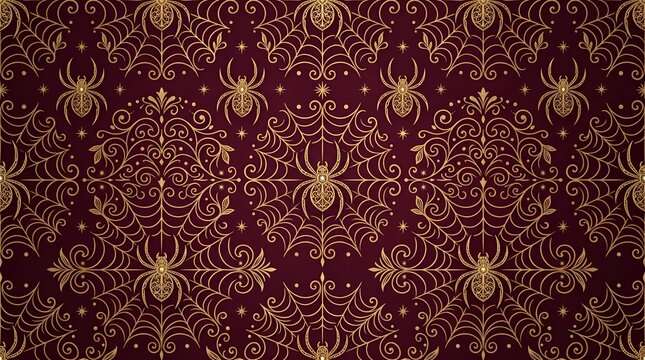Elegant seamless decorative pattern featuring ornate golden spider motifs and intricate ornamental flourishes on a deep burgundy background, suitable for Halloween, textile, wallpaper, stationery, and