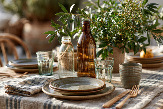 Elegant depiction of eco-friendly dining table styled with ceramic tableware, linen tablecloth, reusable glass bottles and fresh greenery centerpiece, warm natural sunlight