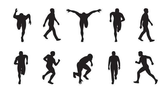 Collection of running man silhouettes in dynamic poses, perfect for sports, fitness, and active lifestyle illustrations.