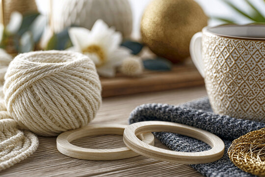 Beautiful setup of contemporary diy macrame crafting station with cotton rope, wooden rings and neutral home decor accessories, clean minimalist styling