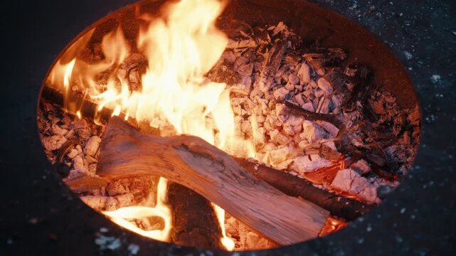 Close-up of bright orange flames burning wood inside a round outdoor fire pit.