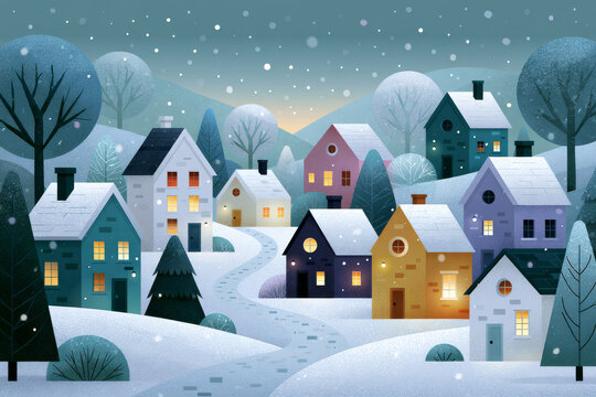 Beautiful setup of elegant snowy village with charming cottages, winding pathways, frosted trees and soft falling snow, bright seasonal atmosphere