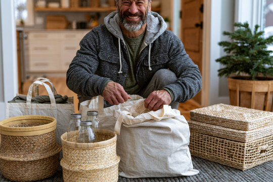 Decorative arrangement of smiling adult arranging reusable shopping bags, woven baskets and glass bottles near a home entryway before grocery shopping, bright daylight
