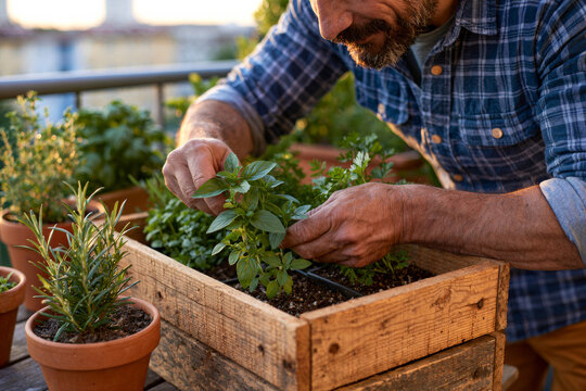 Comprehensive display of tending a thriving balcony herb garden with reclaimed wooden planters and terracotta pots, soft golden sunlight