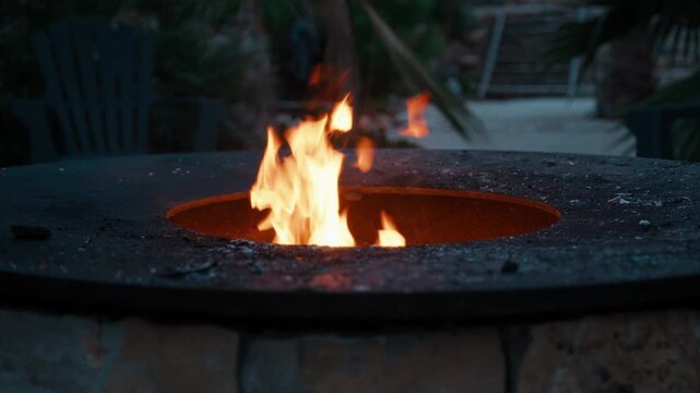 Close-up of bright orange flames burning wood inside a round outdoor fire pit.